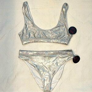 Holographic Silver High Cut Bikini Swimsuit Top Size Medium Bottom Size Large